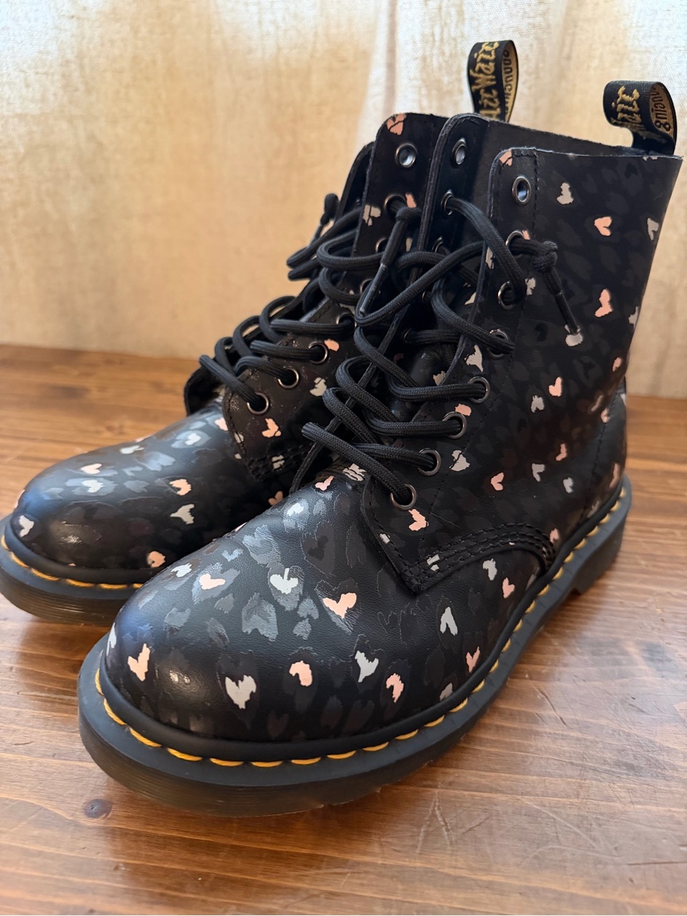 Dr. Martens Black Lace-Up Combat Boots with Pink & White Heart Print